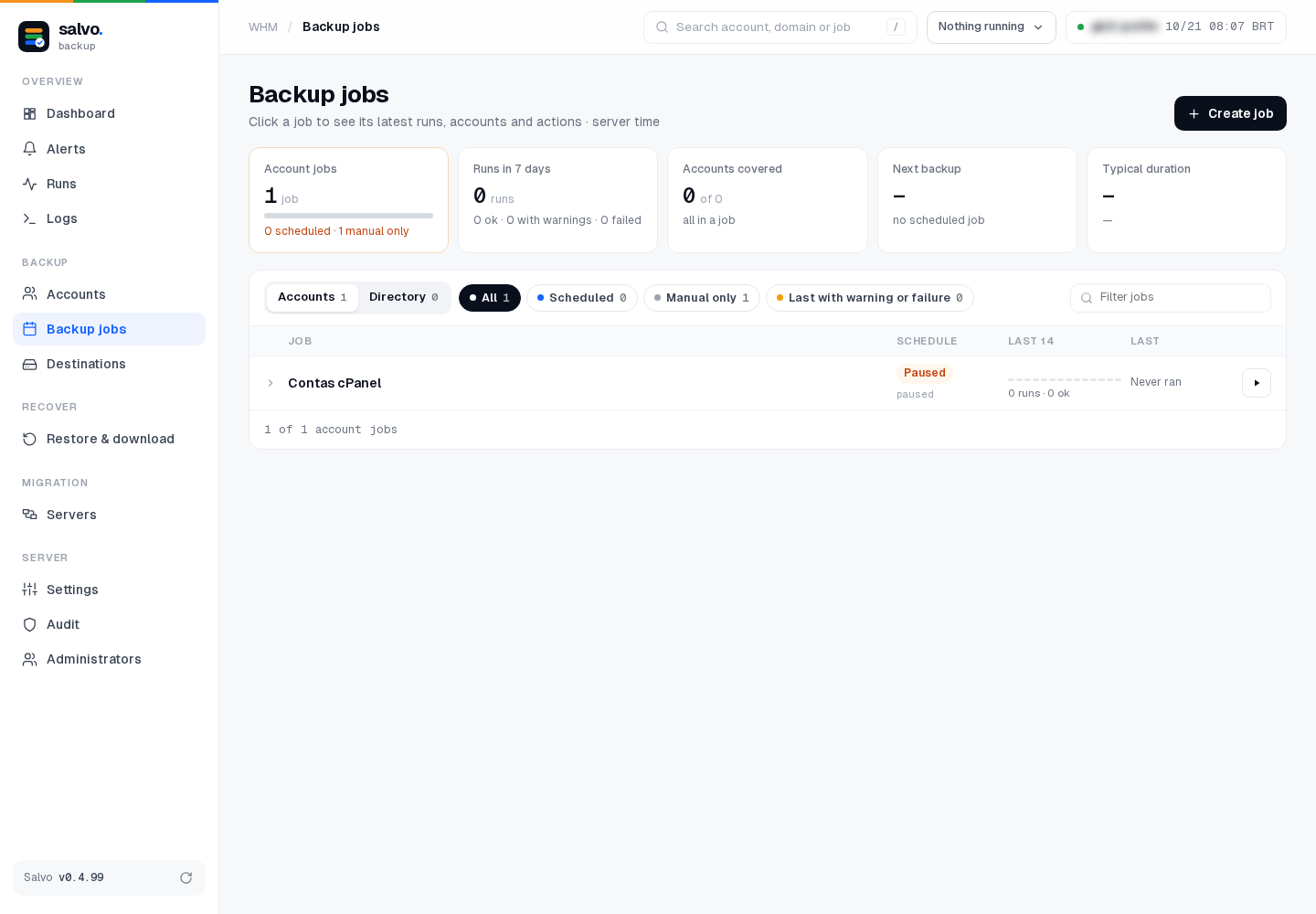 Backup jobs: the imported job is paused
