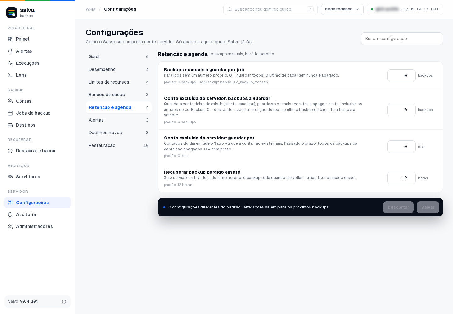 Configurações › Retenção e agenda